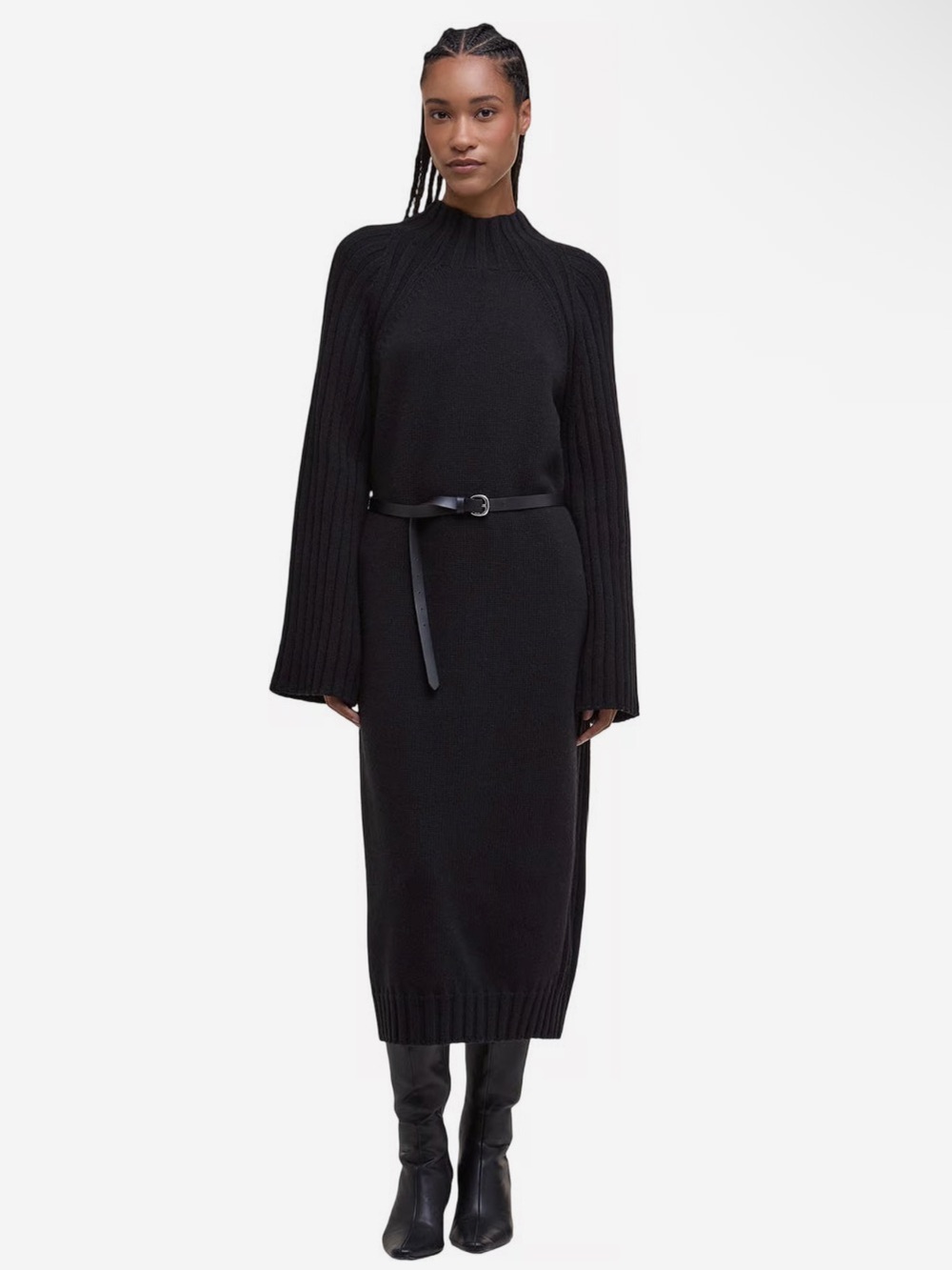 Barbour Vera Knitted Black Sweater Bell Sleeve Mock Neck Midi Dress Size Large